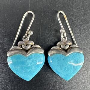 Turquoise Blue Heart Earrings Sterling Silver Thailand SX925 Marked Hooks Dangle